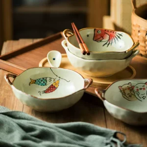 Personal double-ear rice bowl, Japanese tableware, ceramic bowl, instant noodle bowl, soup bowl,
